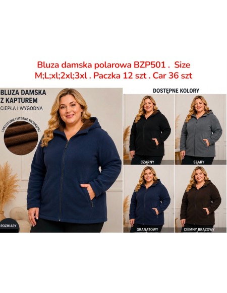 Ocieplana Bluza polarowa damska z kapturem i futerkiem BZP501 – M–3XL