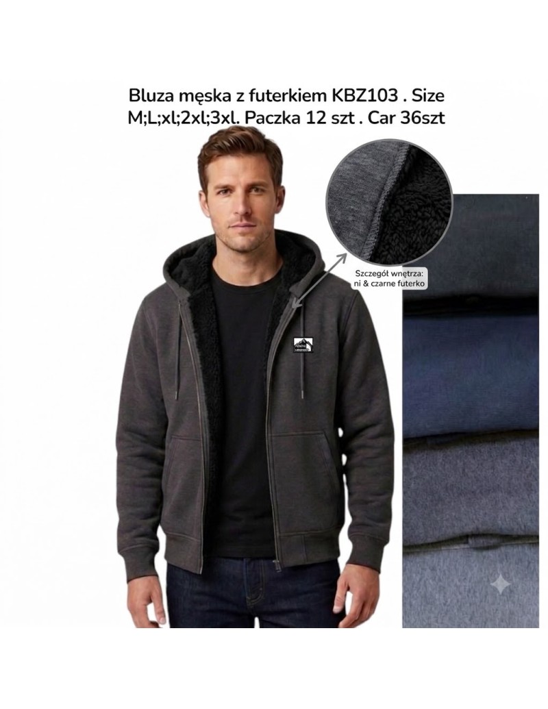 Ocieplana bluza męska z kapturem i futerkiem KBZ103 – M–3XL